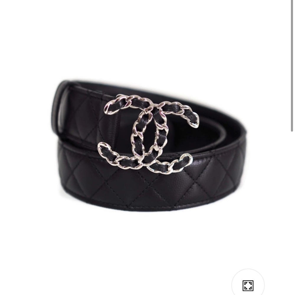 CHANEL Black Quilted Belt with Silver Chain Logo